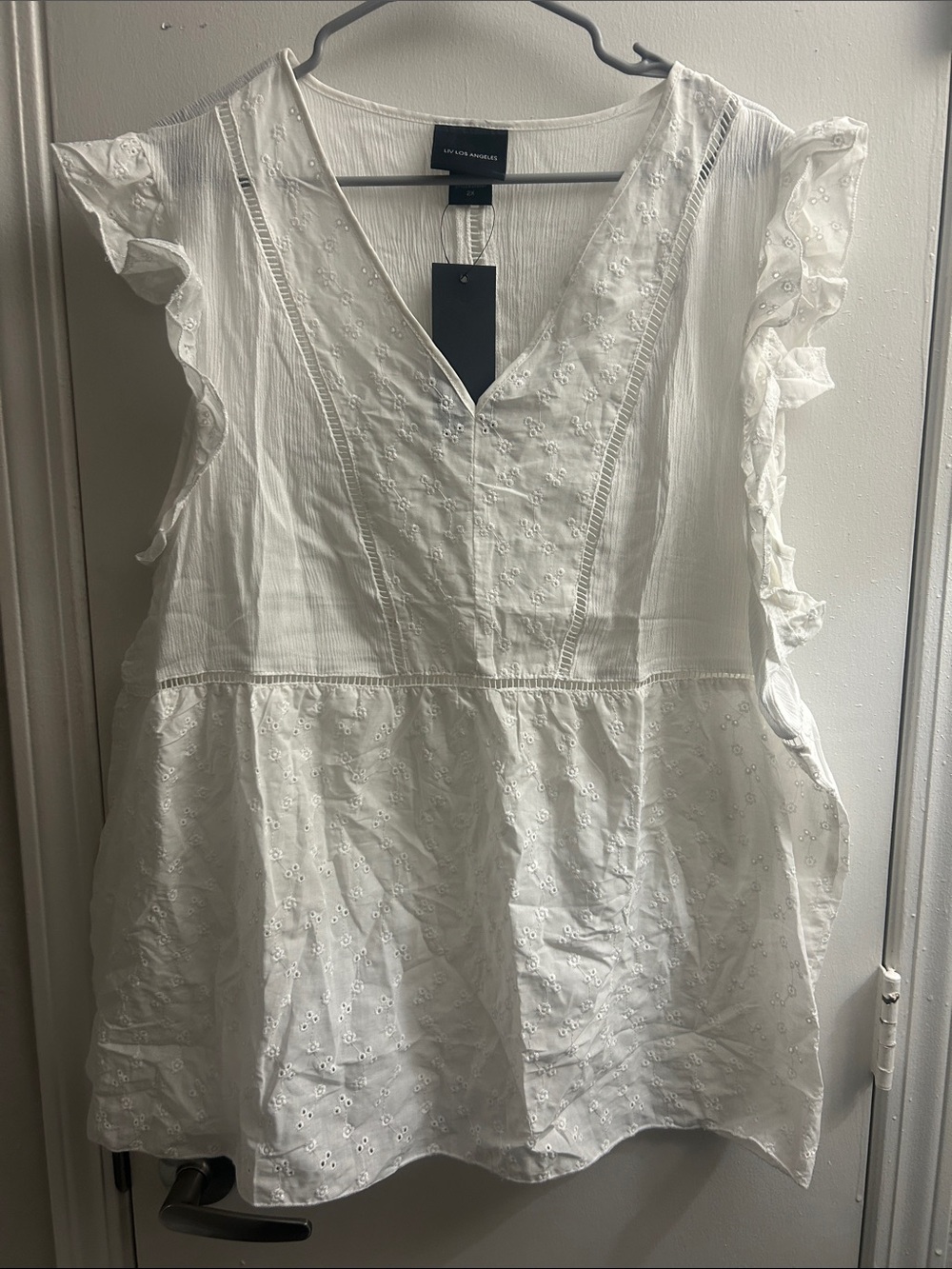 Coastal Ruffled Eyelet V-Neck White Top